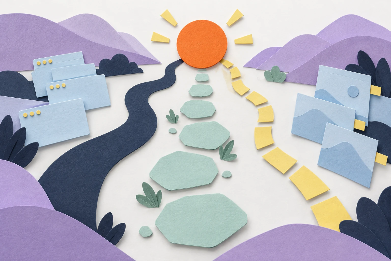 Abstract layered paper paths converging on a choice token